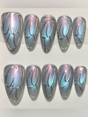 Iridescent Ombre Butterfly Wing Cat Eye Handmade Almond Press-On Nail S M L